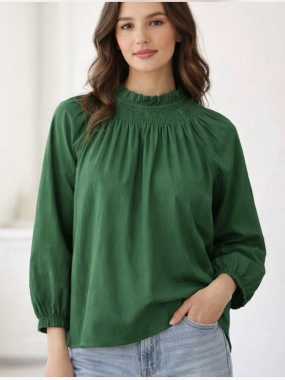 J. Crew Smocked Neck Green Peasant Blouse